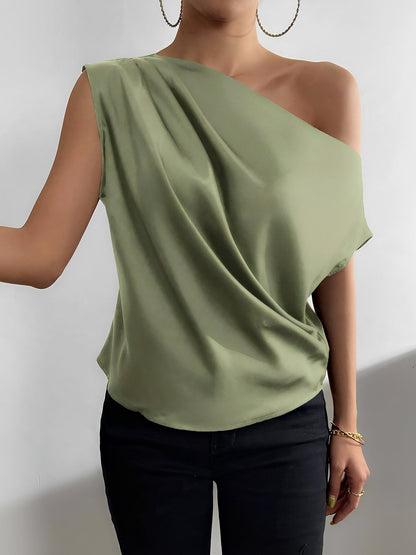 One Shoulder Ruched Asymmetrical Neck Satin Blouse