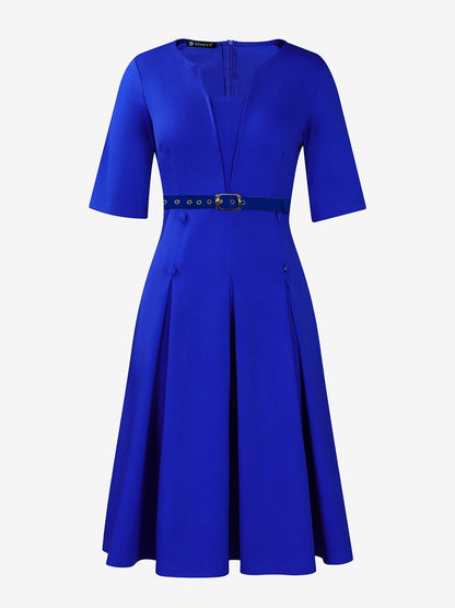 Solid Color 3/4 Sleeves Belted Pleated Midi Dress