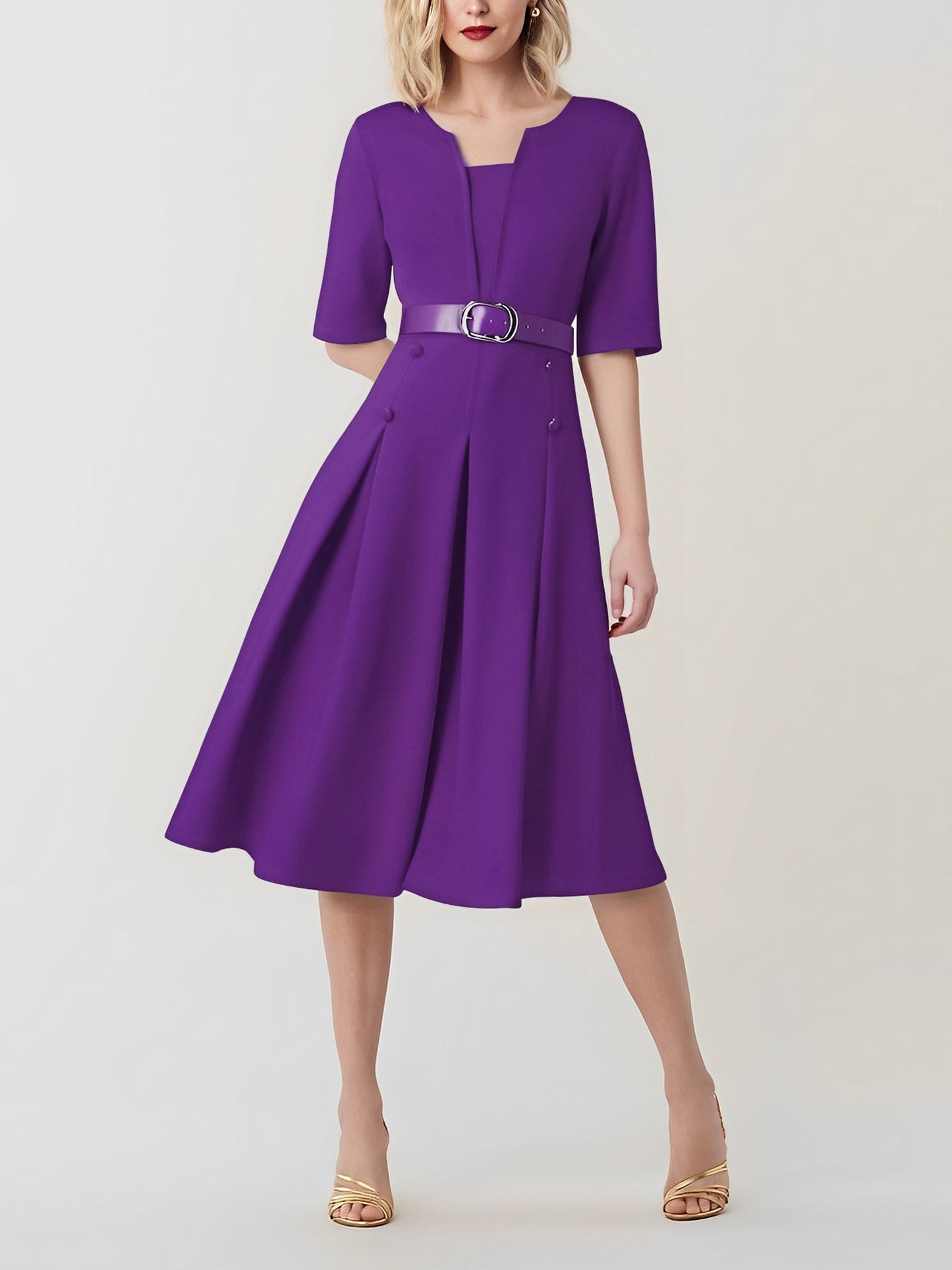 Solid Color 3/4 Sleeves Belted Pleated Midi Dress