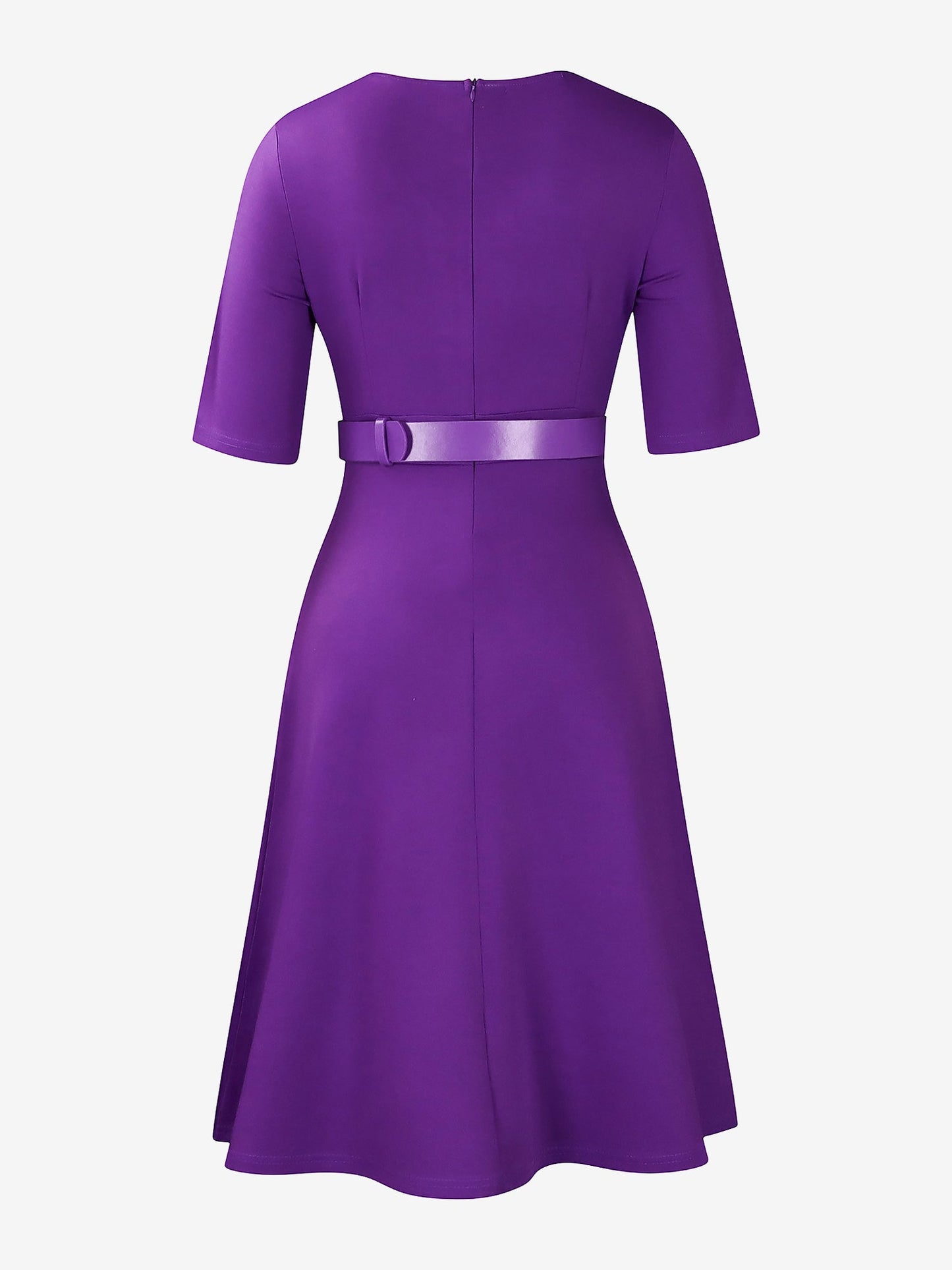 Solid Color 3/4 Sleeves Belted Pleated Midi Dress
