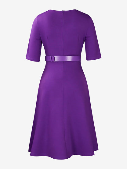 Solid Color 3/4 Sleeves Belted Pleated Midi Dress