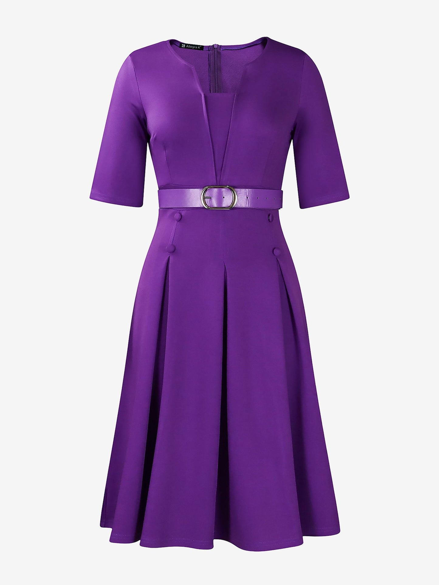 Solid Color 3/4 Sleeves Belted Pleated Midi Dress