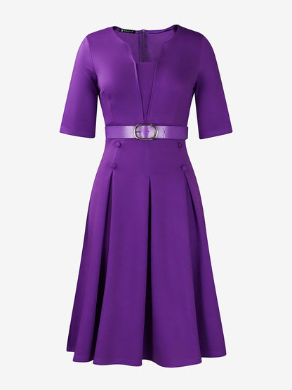 Solid Color 3/4 Sleeves Belted Pleated Midi Dress