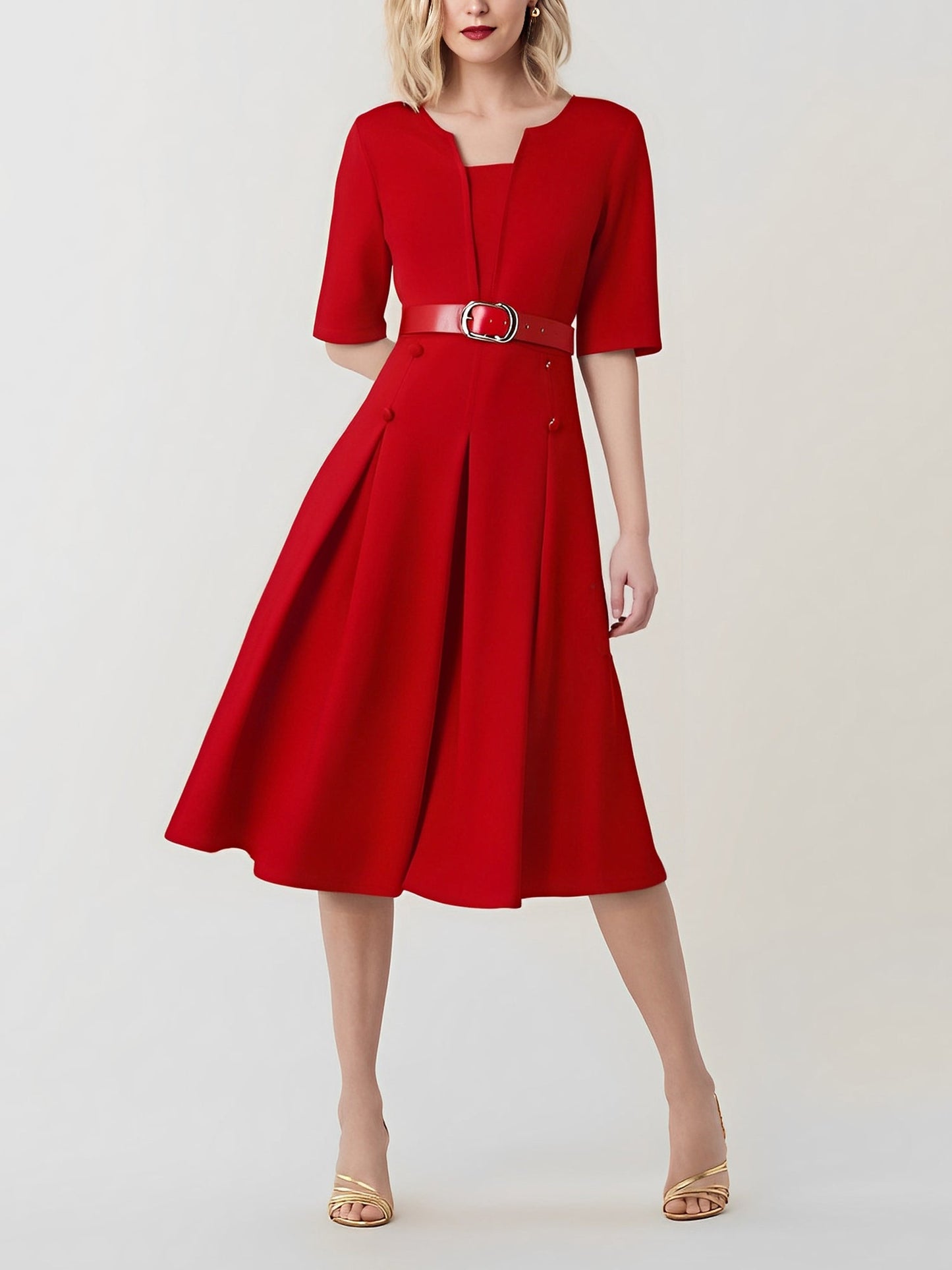 Solid Color 3/4 Sleeves Belted Pleated Midi Dress