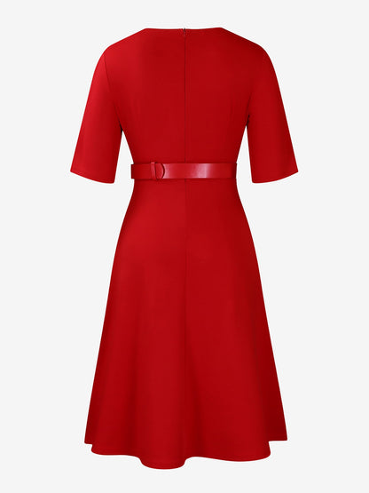 Solid Color 3/4 Sleeves Belted Pleated Midi Dress
