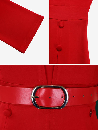 Solid Color 3/4 Sleeves Belted Pleated Midi Dress