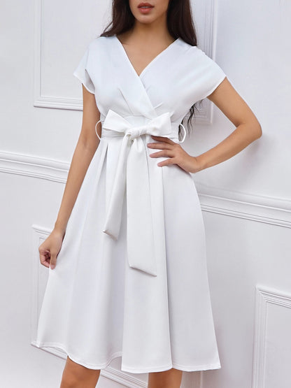 V Neck Solid Color Short Sleeve Tie Waist Dress