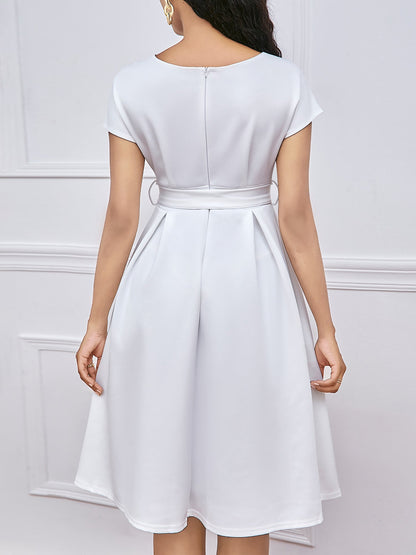 V Neck Solid Color Short Sleeve Tie Waist Dress