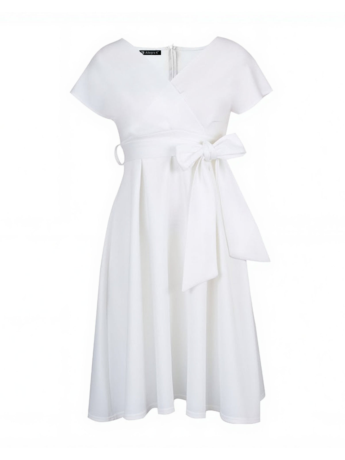 V Neck Solid Color Short Sleeve Tie Waist Dress