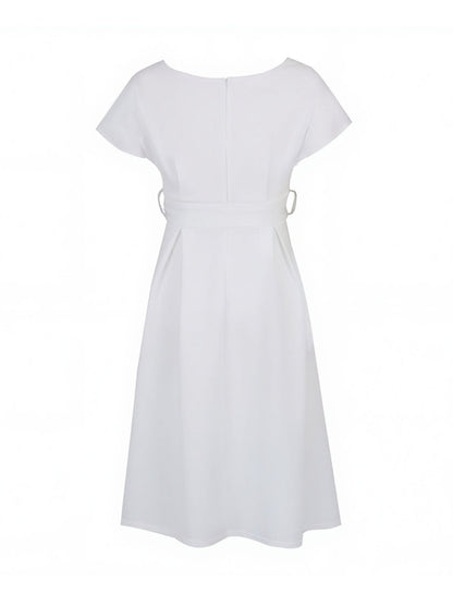 V Neck Solid Color Short Sleeve Tie Waist Dress