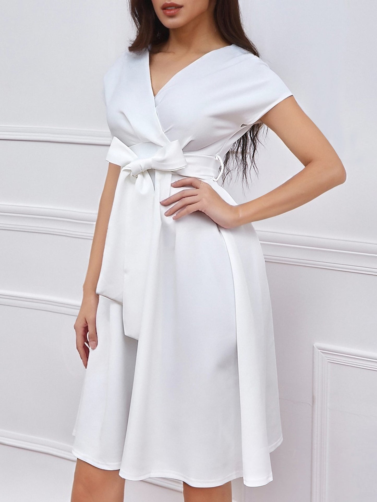 V Neck Solid Color Short Sleeve Tie Waist Dress