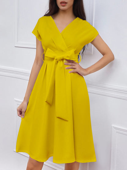 V Neck Solid Color Short Sleeve Tie Waist Dress