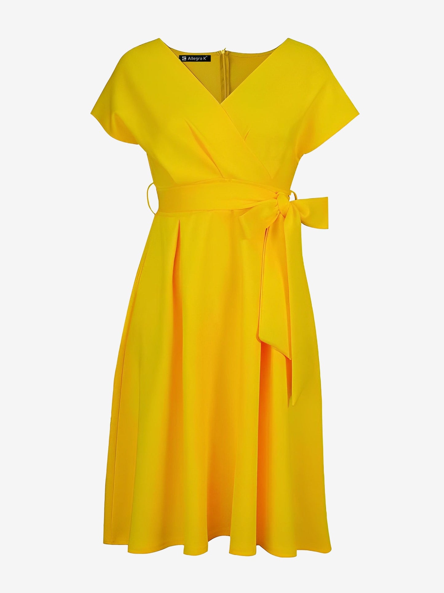 V Neck Solid Color Short Sleeve Tie Waist Dress