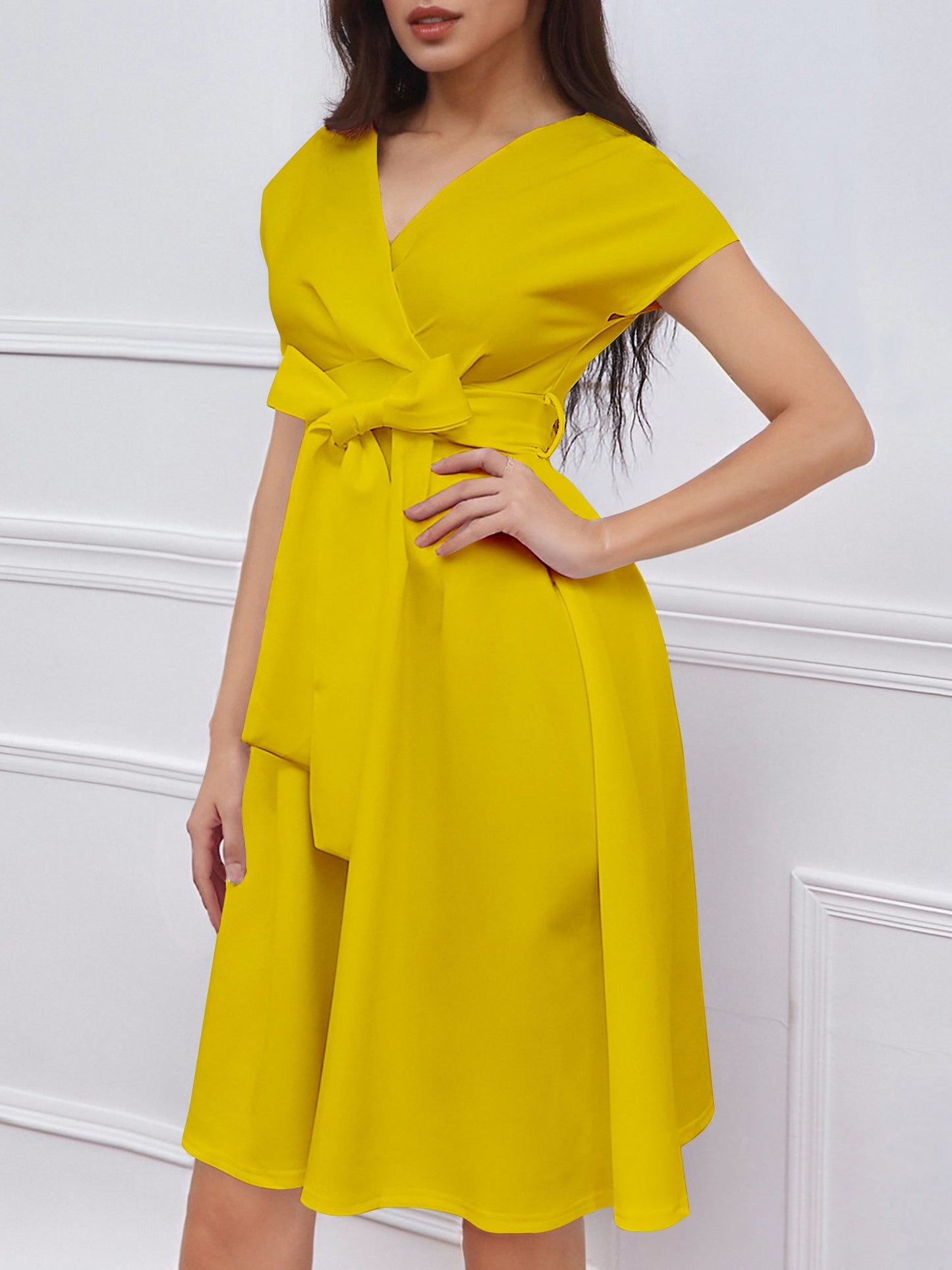 V Neck Solid Color Short Sleeve Tie Waist Dress