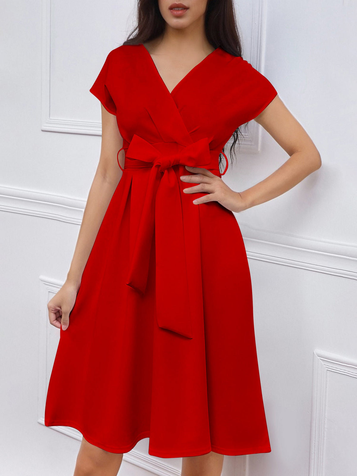 V Neck Solid Color Short Sleeve Tie Waist Dress