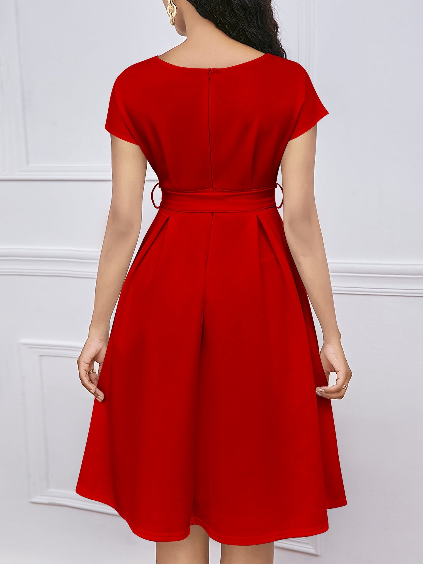 V Neck Solid Color Short Sleeve Tie Waist Dress