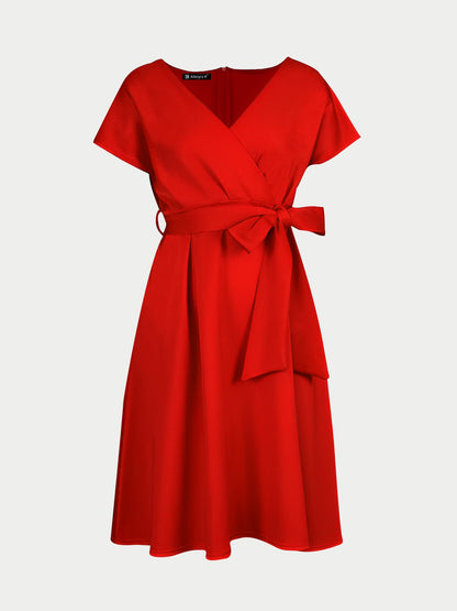 V Neck Solid Color Short Sleeve Tie Waist Dress