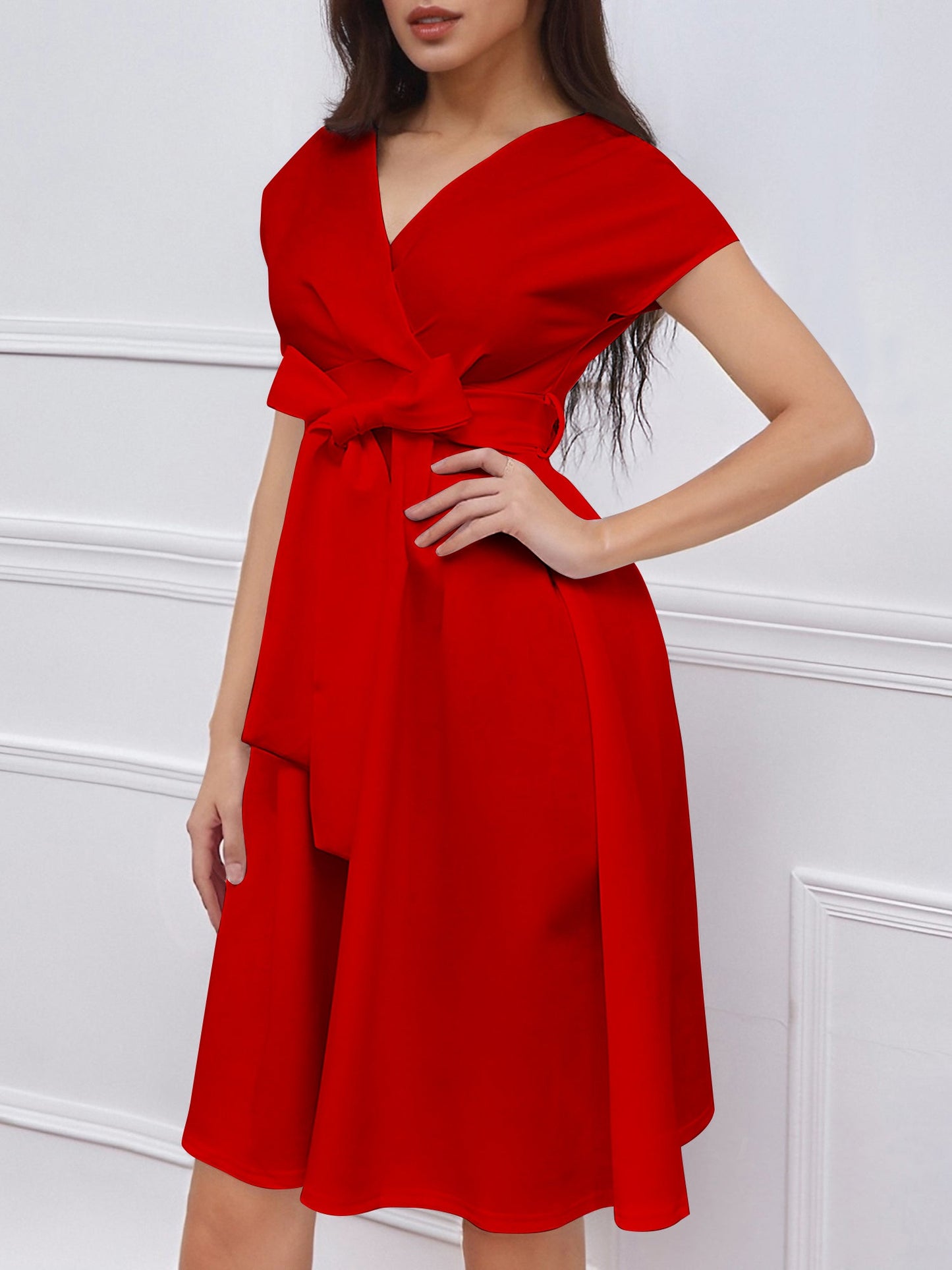 V Neck Solid Color Short Sleeve Tie Waist Dress