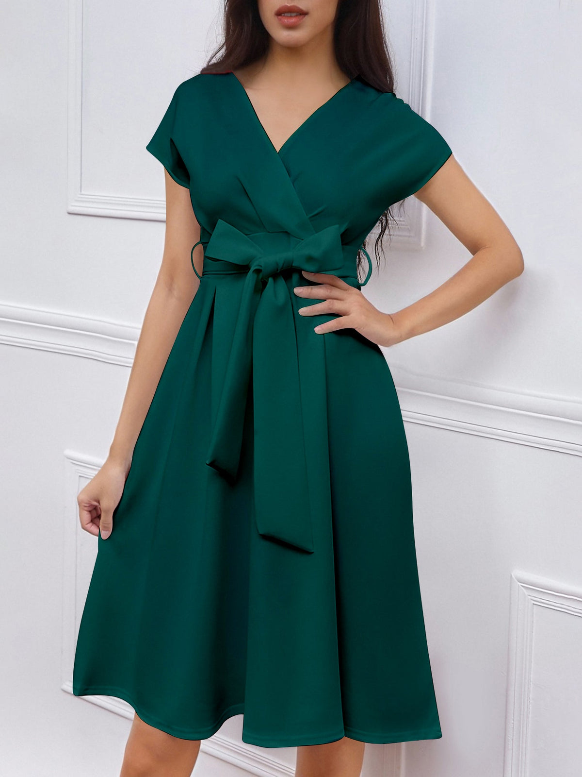 V Neck Solid Color Short Sleeve Tie Waist Dress