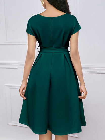 V Neck Solid Color Short Sleeve Tie Waist Dress