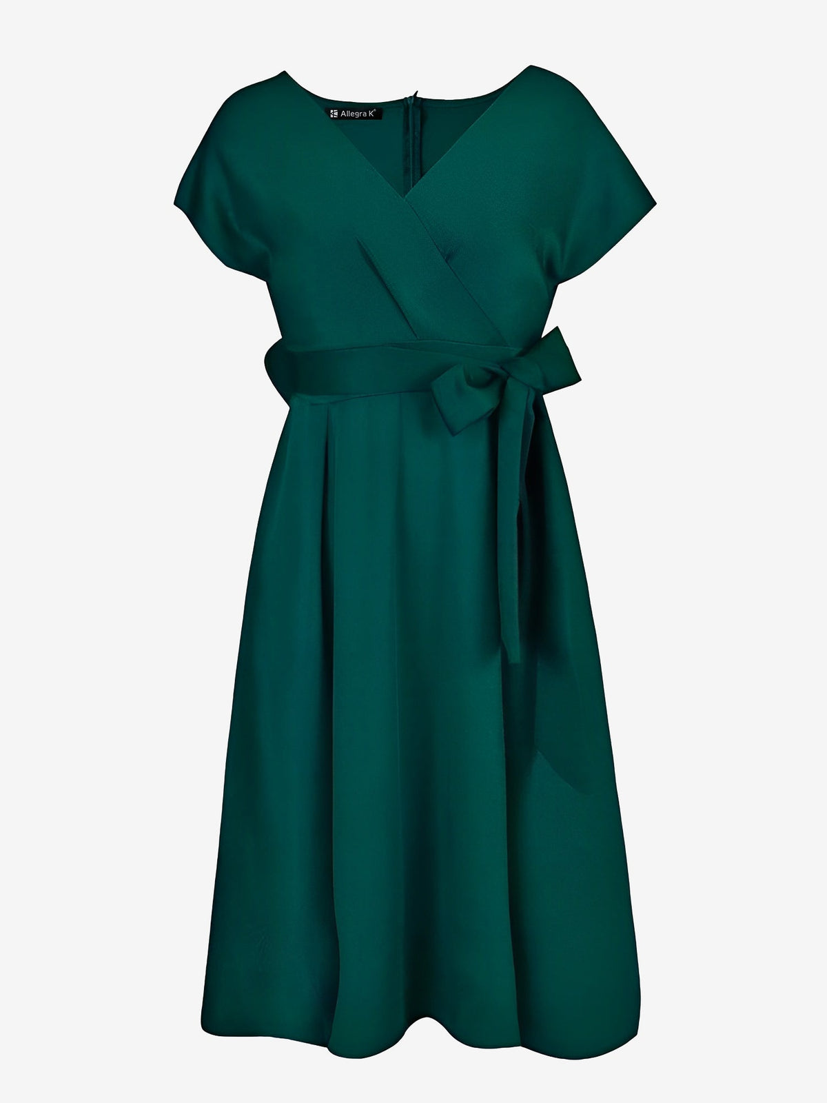 V Neck Solid Color Short Sleeve Tie Waist Dress