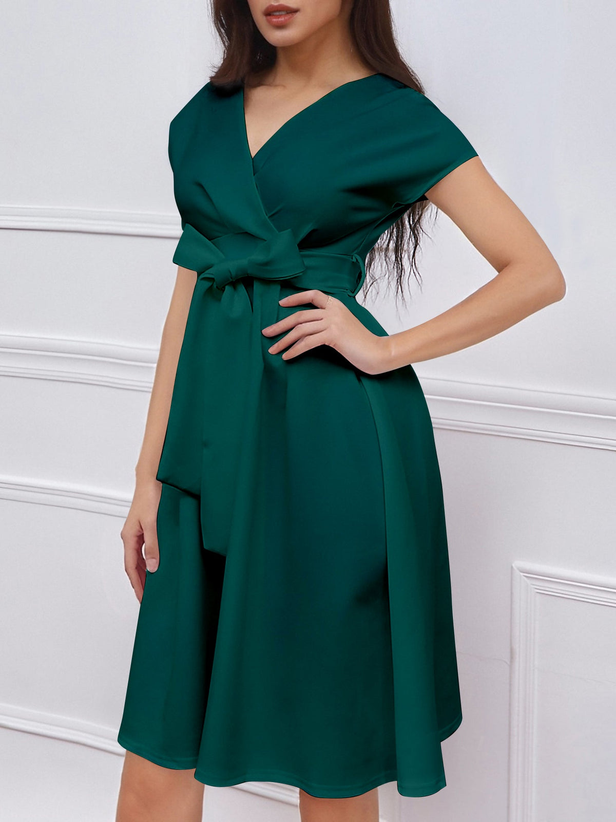 V Neck Solid Color Short Sleeve Tie Waist Dress