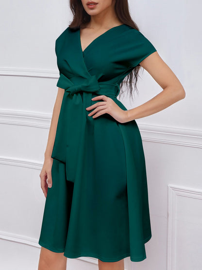 V Neck Solid Color Short Sleeve Tie Waist Dress
