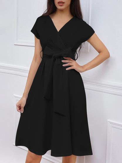 V Neck Solid Color Short Sleeve Tie Waist Dress