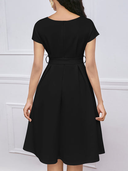 V Neck Solid Color Short Sleeve Tie Waist Dress