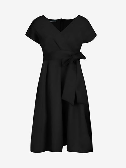 V Neck Solid Color Short Sleeve Tie Waist Dress