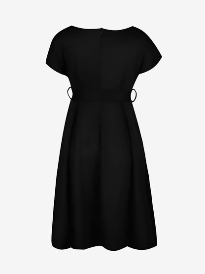 V Neck Solid Color Short Sleeve Tie Waist Dress