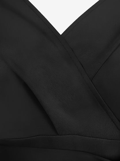 V Neck Solid Color Short Sleeve Tie Waist Dress