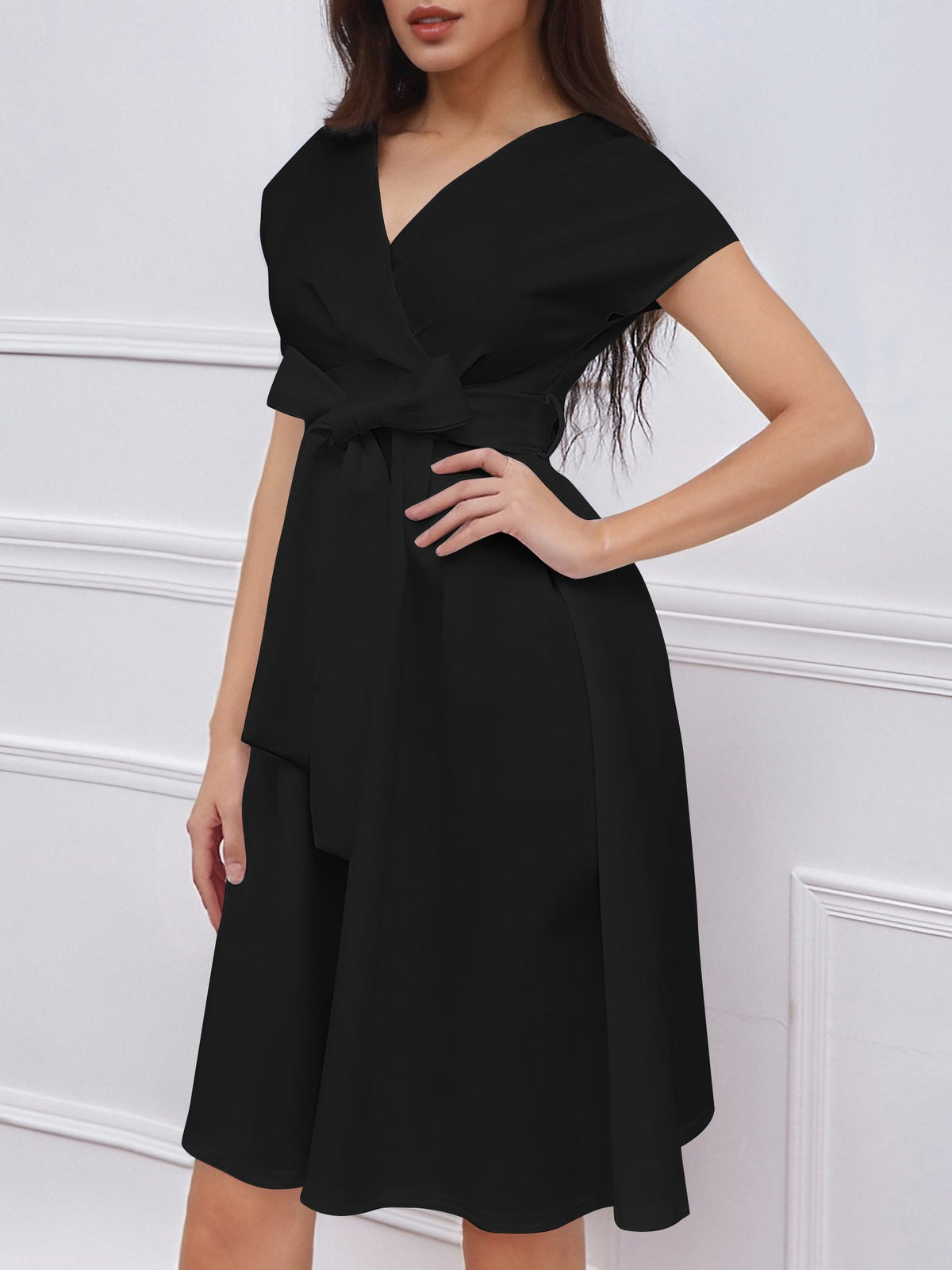 V Neck Solid Color Short Sleeve Tie Waist Dress