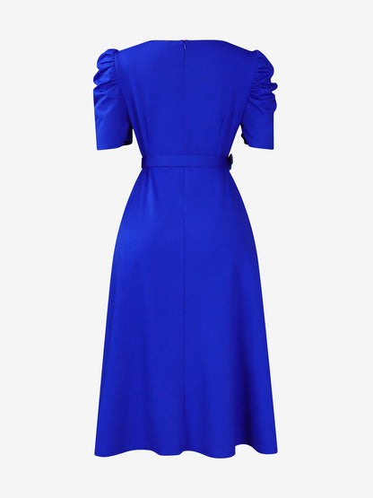 Solid Color Puff Sleeves Ruched Belted Midi Dress