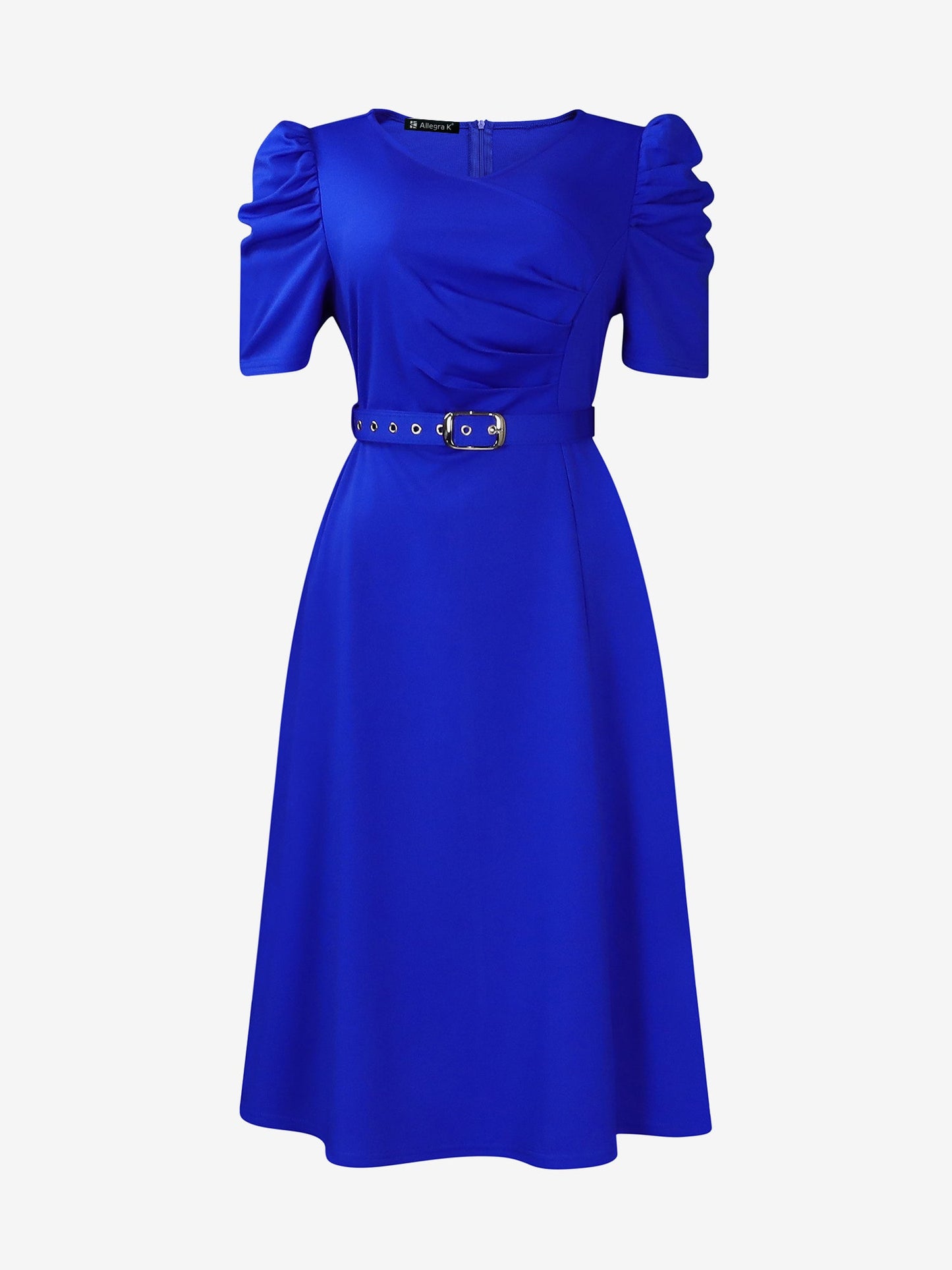 Solid Color Puff Sleeves Ruched Belted Midi Dress