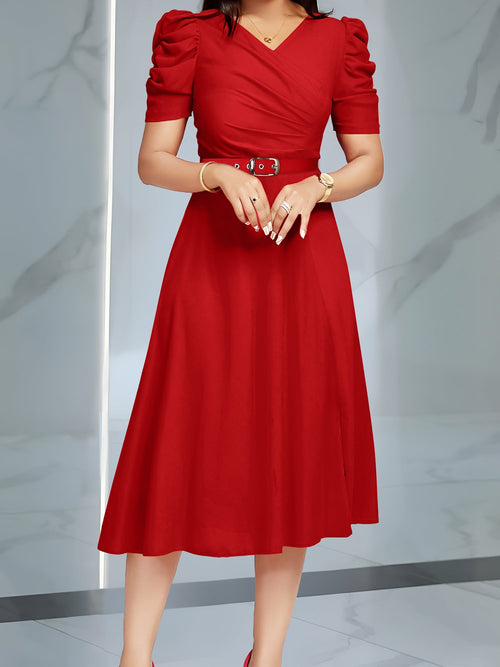 Solid Color Puff Sleeves Ruched Belted Midi Dress