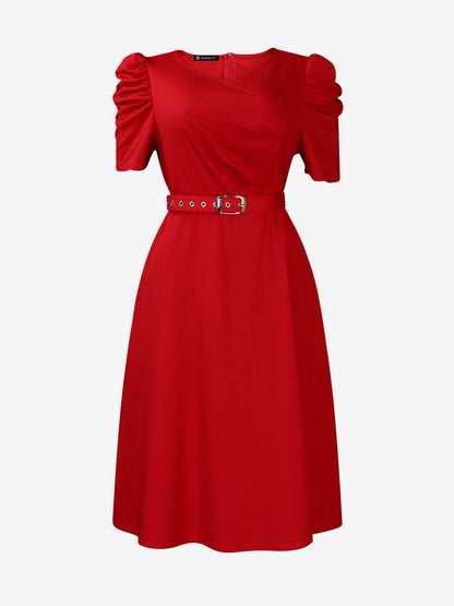 Solid Color Puff Sleeves Ruched Belted Midi Dress