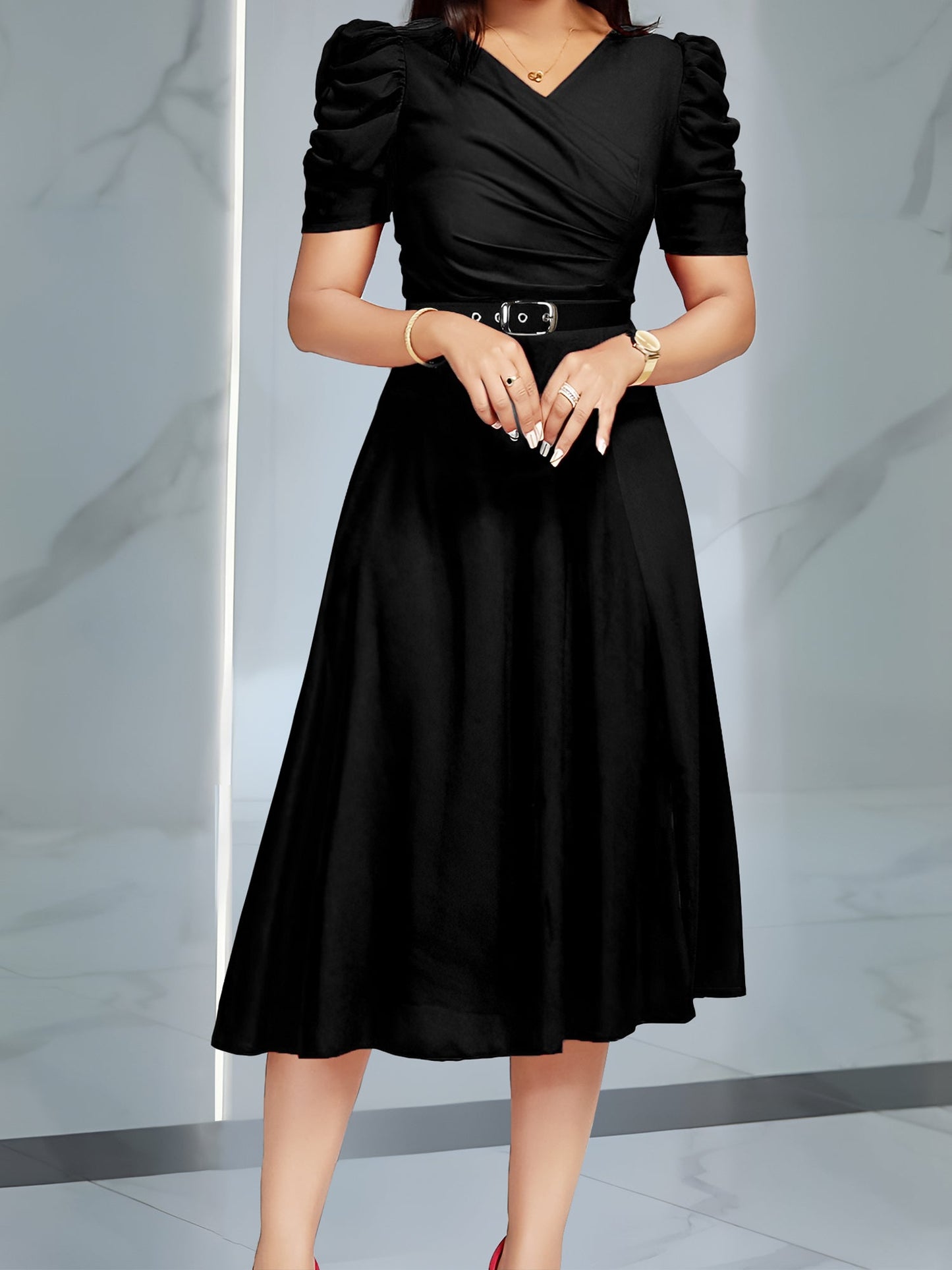 Solid Color Puff Sleeves Ruched Belted Midi Dress