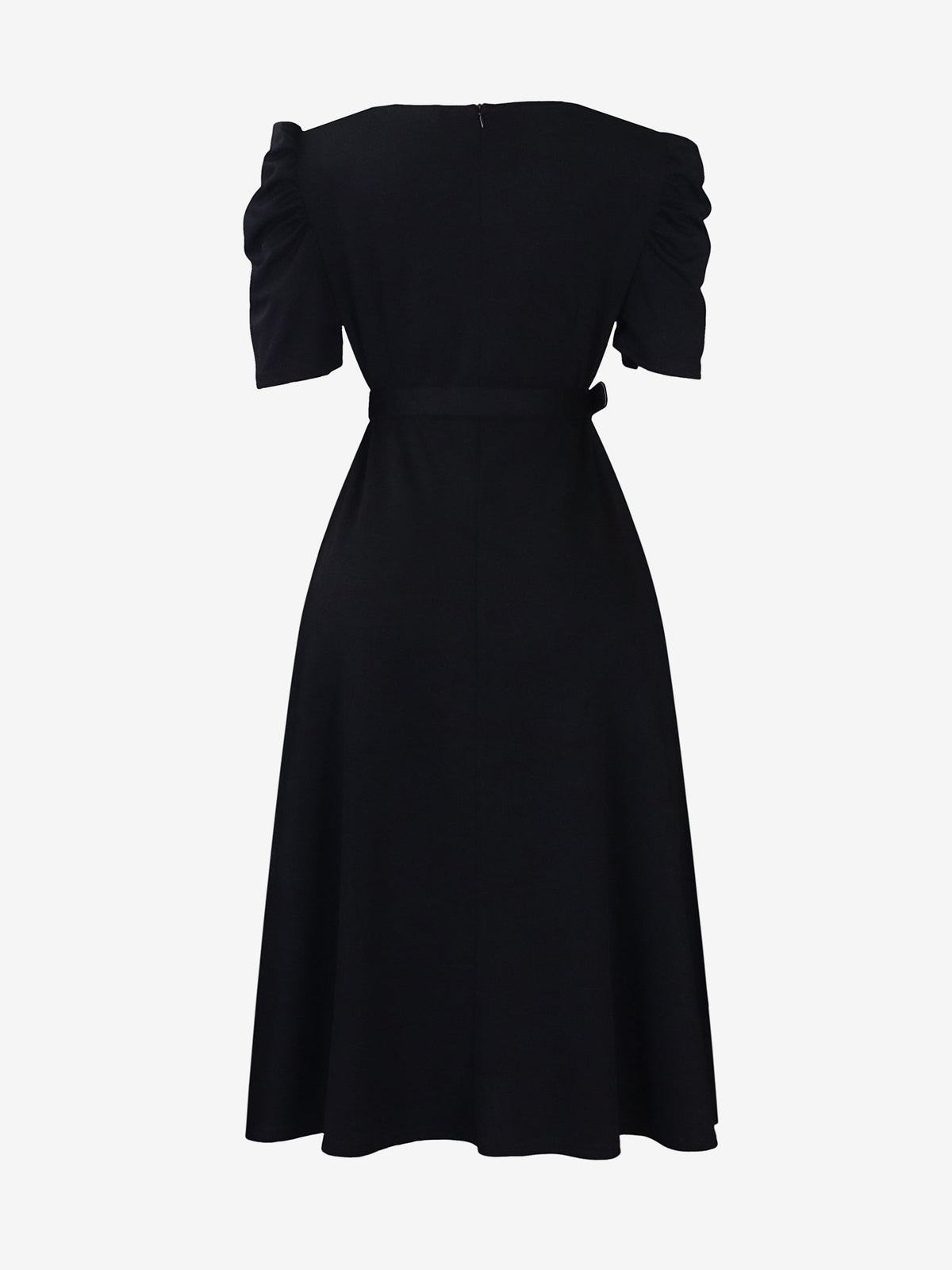 Solid Color Puff Sleeves Ruched Belted Midi Dress