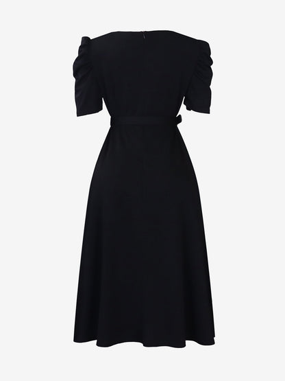 Solid Color Puff Sleeves Ruched Belted Midi Dress