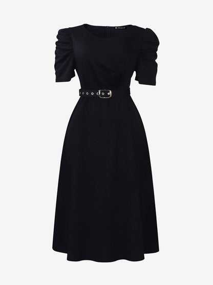 Solid Color Puff Sleeves Ruched Belted Midi Dress