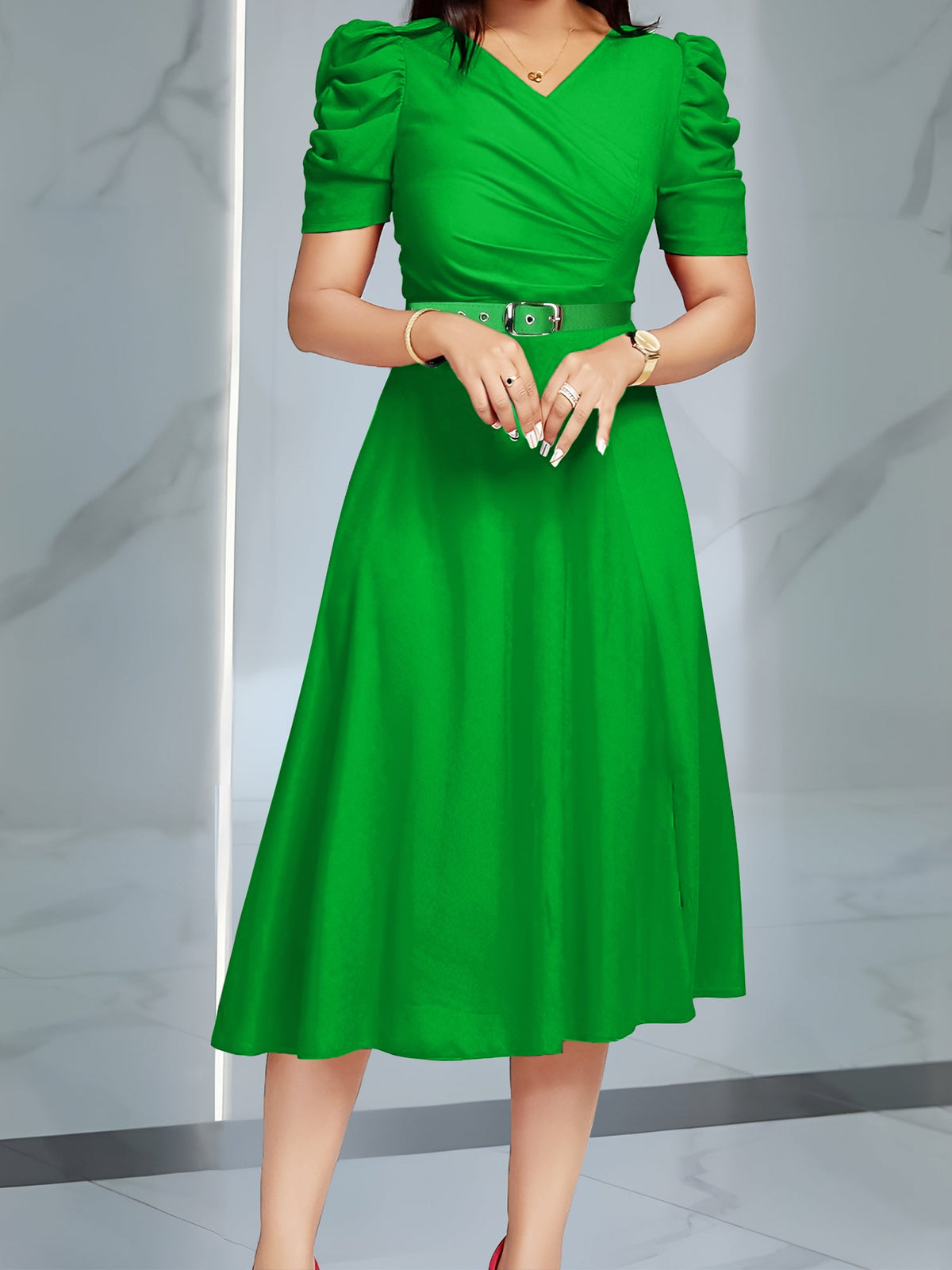 Solid Color Puff Sleeves Ruched Belted Midi Dress