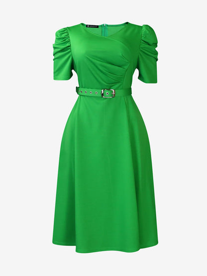 Solid Color Puff Sleeves Ruched Belted Midi Dress