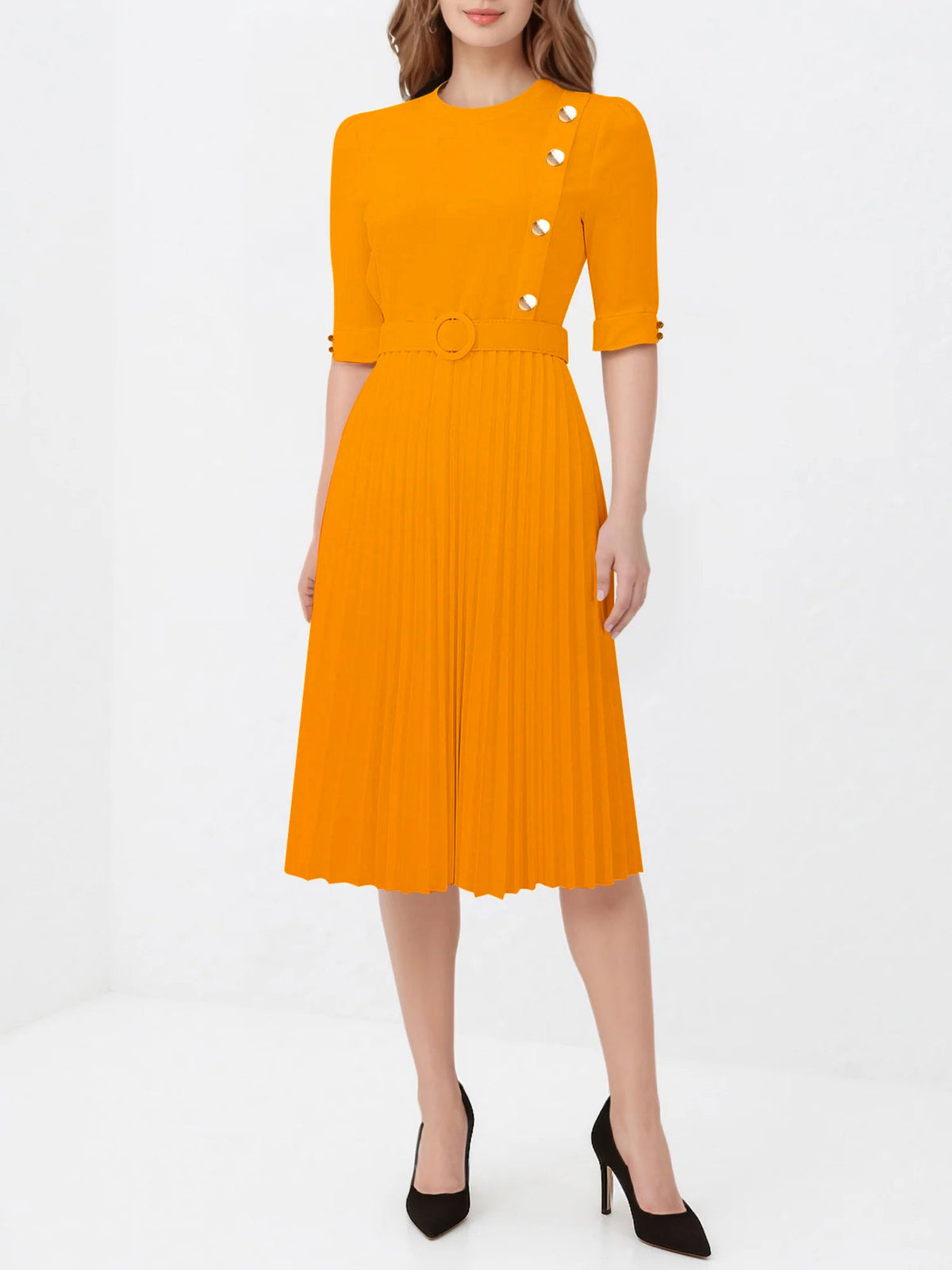 Solid Color Pleated Button Decor Belted Dress
