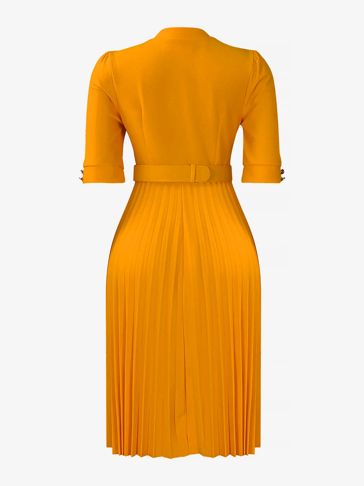 Solid Color Pleated Button Decor Belted Dress