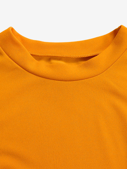 Solid Color Pleated Button Decor Belted Dress