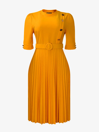 Solid Color Pleated Button Decor Belted Dress