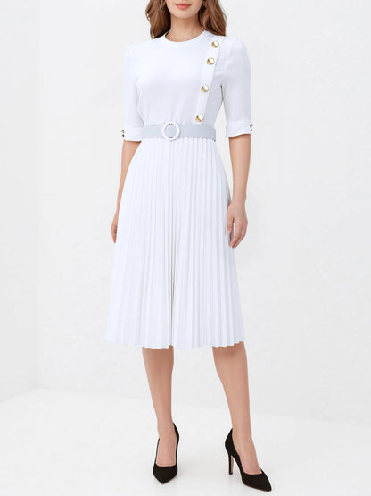 Solid Color Pleated Button Decor Belted Dress