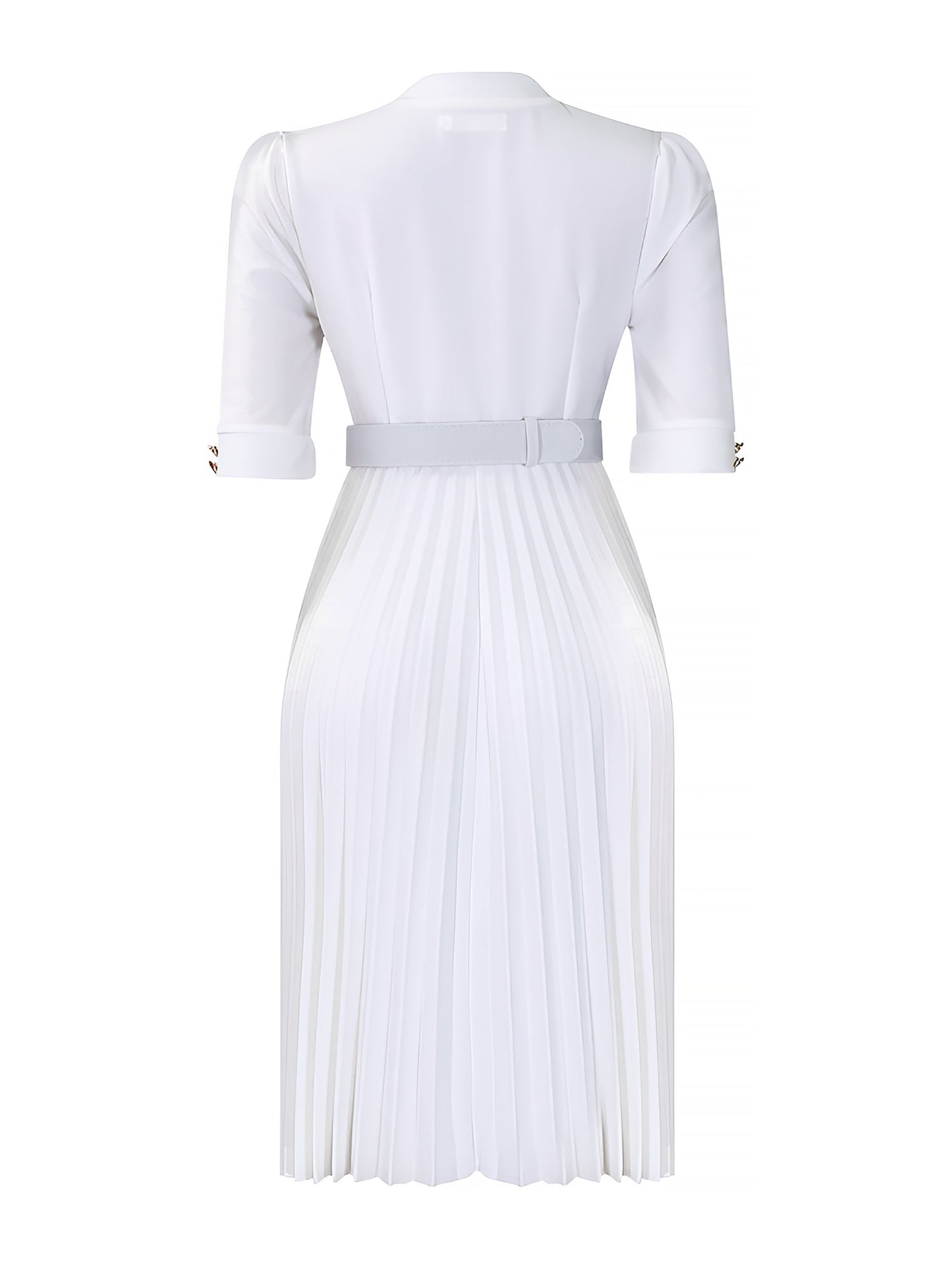 Solid Color Pleated Button Decor Belted Dress
