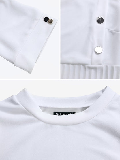 Solid Color Pleated Button Decor Belted Dress